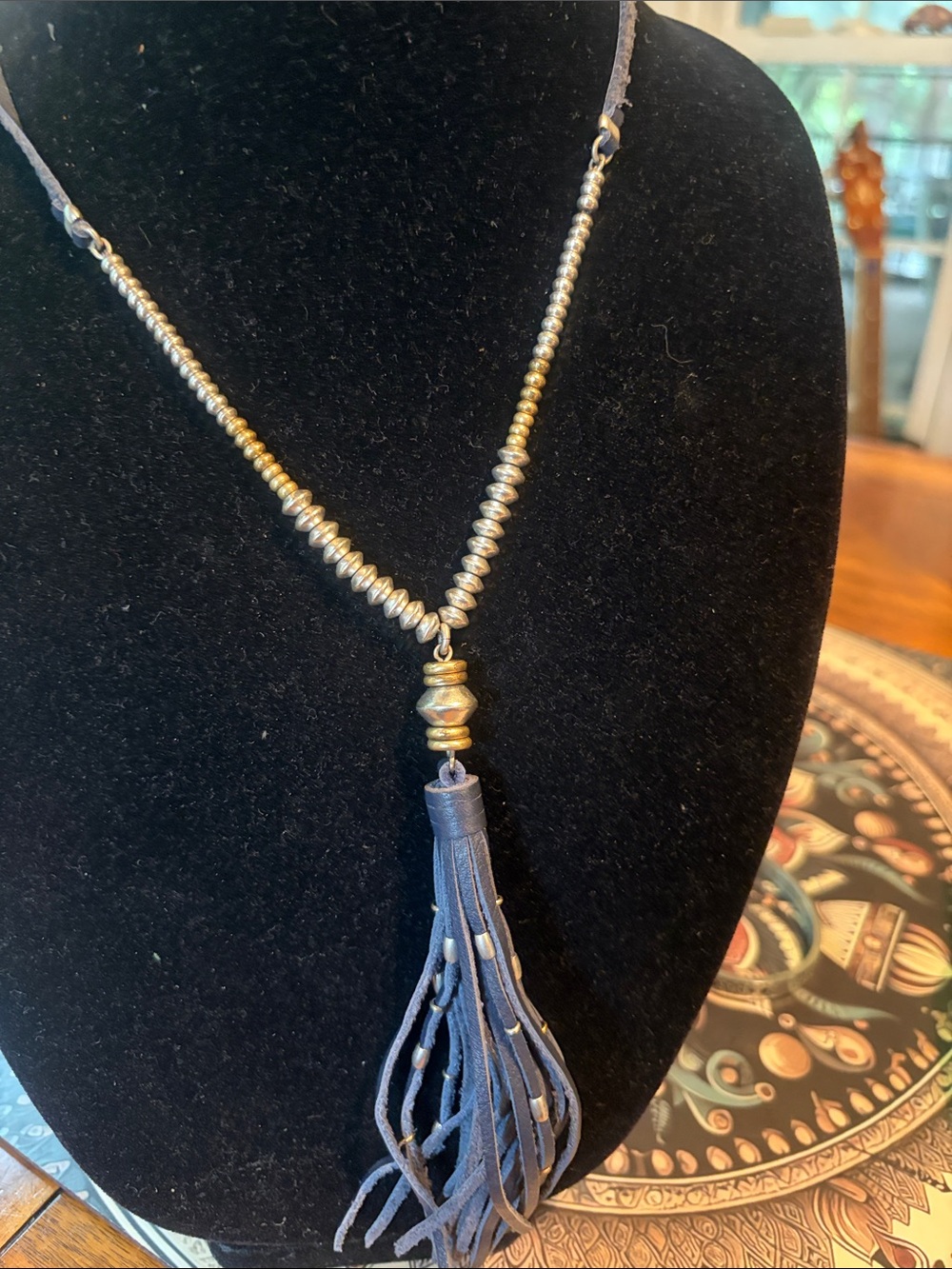 Lucky brand Boho Navy leather Tassel silver beaded pendant Necklace nwot